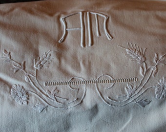 Unbleached, beautifully embroidered vintage French dowry sheet, linen 3m x 2m 20. c1930 AM
