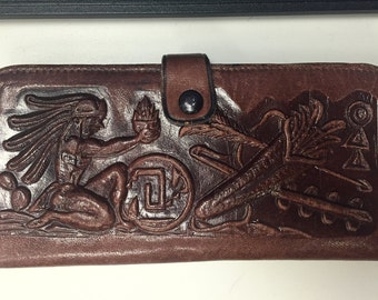 1960's Hand Tooled Leather wallet featuring Aztec designs-