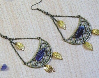 Bronze amethyst earrings, nickel and lead free, statement earrings, brass, raw amethyst stones, small golden leaves, unique earrings.