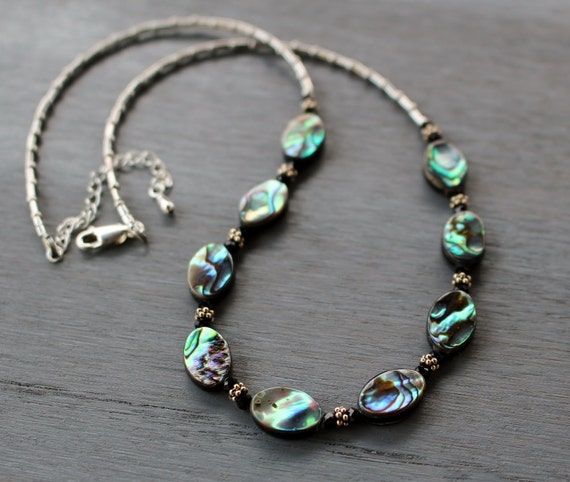 Abalone shell necklace black spinel necklace beaded gemstone