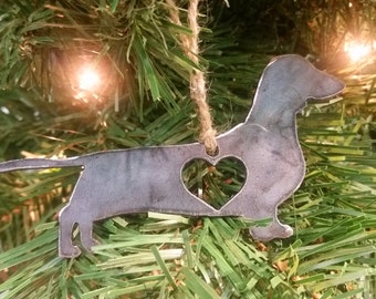 Dachshund Love Rustic Christmas Ornament Metal Dog Heart Christmas Tree Decoration Holiday Gift Industrial Decor Wedding By BE Creations