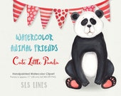 Cute Panda Bear watercolor clipart, red and blue, panda illustration, nursery graphics, shower clipart, animal clip art