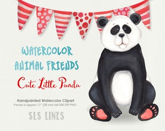 Cute Panda Bear watercolor clipart, red and blue, panda illustration, nursery graphics, shower clipart, animal clip art
