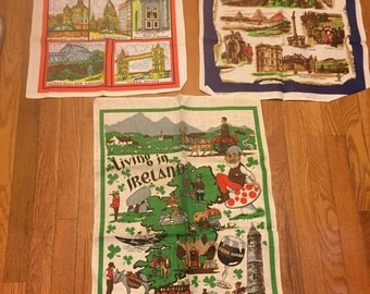 Vintage Pure Linen Tea Towels Lot of 3 Edinburgh Scotland London England and Living in Ireland Souvenir Dish Towels Linen Towels
