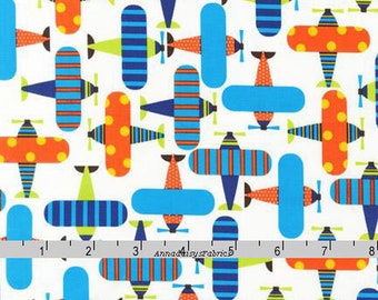Airplane Fabric, Ann Kelle, Robert Kaufman 11272 195 Bright, Ready, Set, Go, Orange & Blue Airplane Quilt Fabric, Plane Fabric, Cotton