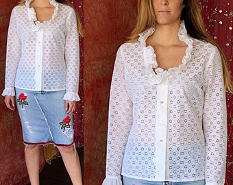 70s Blouse Lace Blouse Eyelet Blouse Vintage 70s Hippie Lace Ruffled Party Blouse