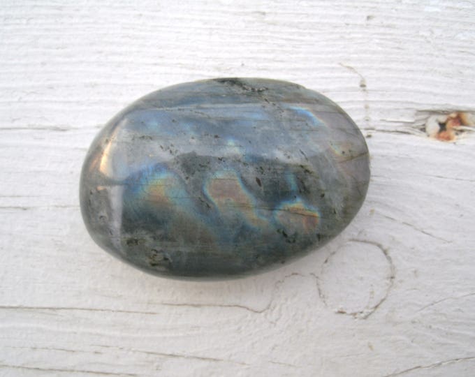 Labradorite Palm Stone, Silvery, multi colored flash, polished, metaphysical, crystal healing, meditation, display specimen, silvery tone
