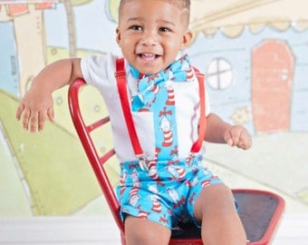 Dr. Seuss Cake Smash, Shorts, Suspenders, Hat, Shirt, and Ties; Dr. Seuss Cake Smash Outfit;Boys cake smash outfit; Cat in the hat birthday