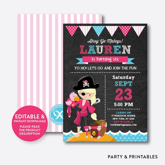 Instant Download, Editable Pirate Birthday Invitation, Pirate Invitation, Pirate Party Invitation, Pirate Girl Invite, Chalkboard (CKB.44B) Il_570xn