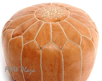 Sale- Light Tan Leather Moroccan Pouf / Ottoman