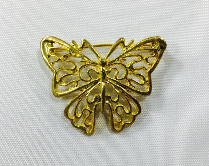 Storewide 25% Off SALE Vintage Gold Tone Open Winged Designer Butterfly Brooch Pin Featuring High Gloss Design Finish