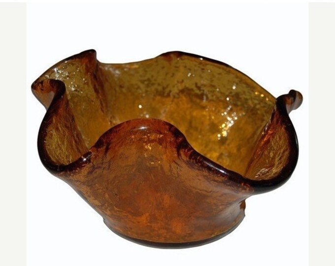 Storewide 25% Off SALE Heavy Vintage Burnt Orange Crackle Glass Styled Ruffle Centerpiece Bowl Featuring Molten Style Textured Finish