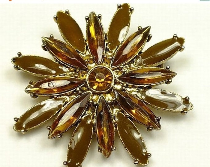 Storewide 25% Off SALE Fabulous Large Vintage rhinestone and enamel brooch with amber stones and brown enamel on goldtone metal