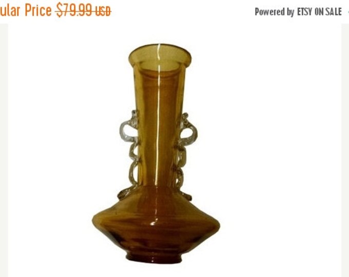 Storewide 25% Off SALE Beautiful Antique Czechoslovakia Patterned Art Glass Decorative Amber Bud Vase Featuring Two Curling Style Handles an