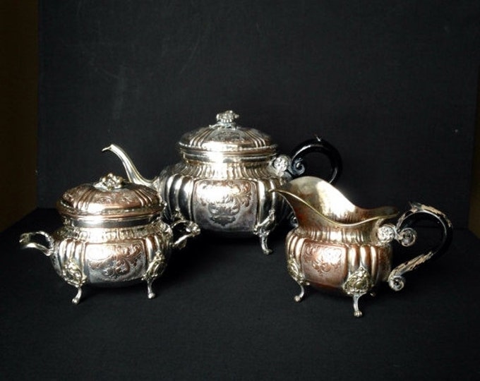 Storewide 25% Off SALE Antique 19th C British Footed Silver Tea Service W/ Teapot, Creamer & Lidded Sugar Bowl Featuring Elegant Patterns W/