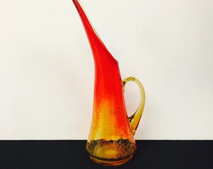 Storewide 25% Off SALE Vintage Amberina Kanawah Mid-Century Crackle Glass Beverage Pitcher Featuring Tall Eclectic Spout