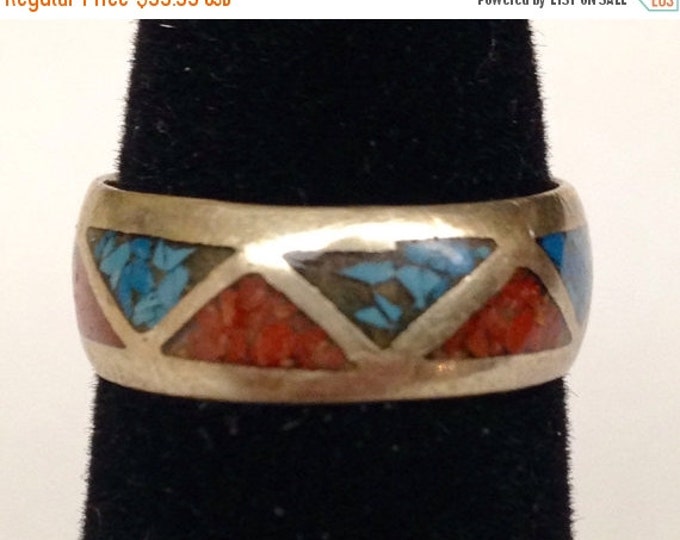 Storewide 25% Off SALE Vintage Sterling Silver Coral and Turquoise Inlaid Designer Cocktail Ring Featuring Alternating Geometric Pattern Des