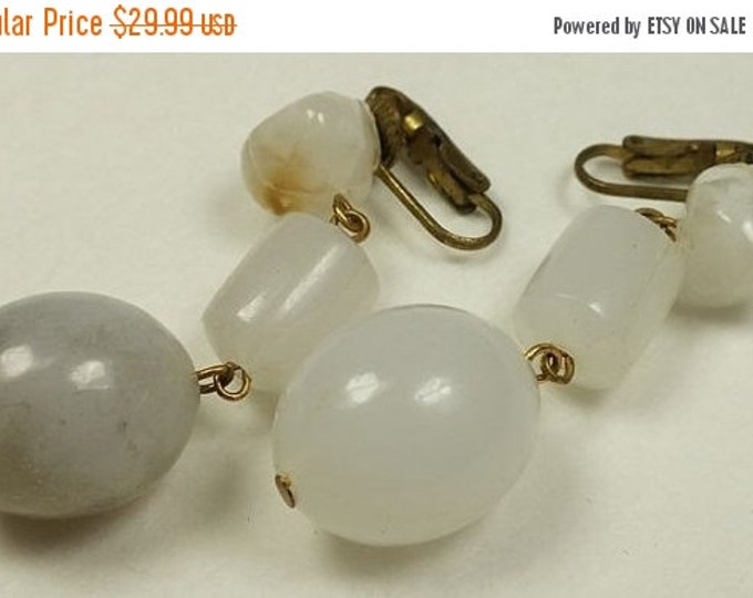 Storewide 25% Off SALE Wonderful Pair of Vintage Chandelier Dangling White Marble Style Beaded Earrings Featuring a Subtle Gold Tone Setting