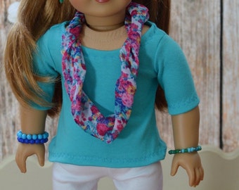 made for American Girl Dolls, blue tunic top, white Capri leggings, handmade