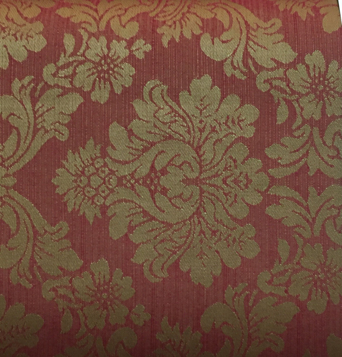 Red and Gold Damask Railroaded Upholstery Fabric By The