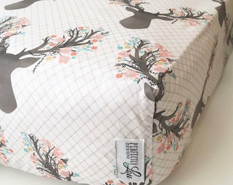 Floral Deer | Standard Crib Sheet | Woodland Nursery | Baby Girl Bedding | Mint & Coral