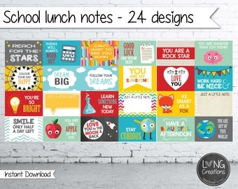 lunch box notes - school lunch prints - instant download - printable digital file - back to school - 24 notes - for kids