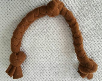 Braided dog toy made of upcycled wool for the large and extra large dog. 28 in. long, 1 1/2 inches wide at braid, 2 inches wide at 3 knots