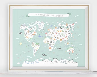 Animal world map, instant download, map nursery art, my first map, map of the world, world map, animals around the world, animal print