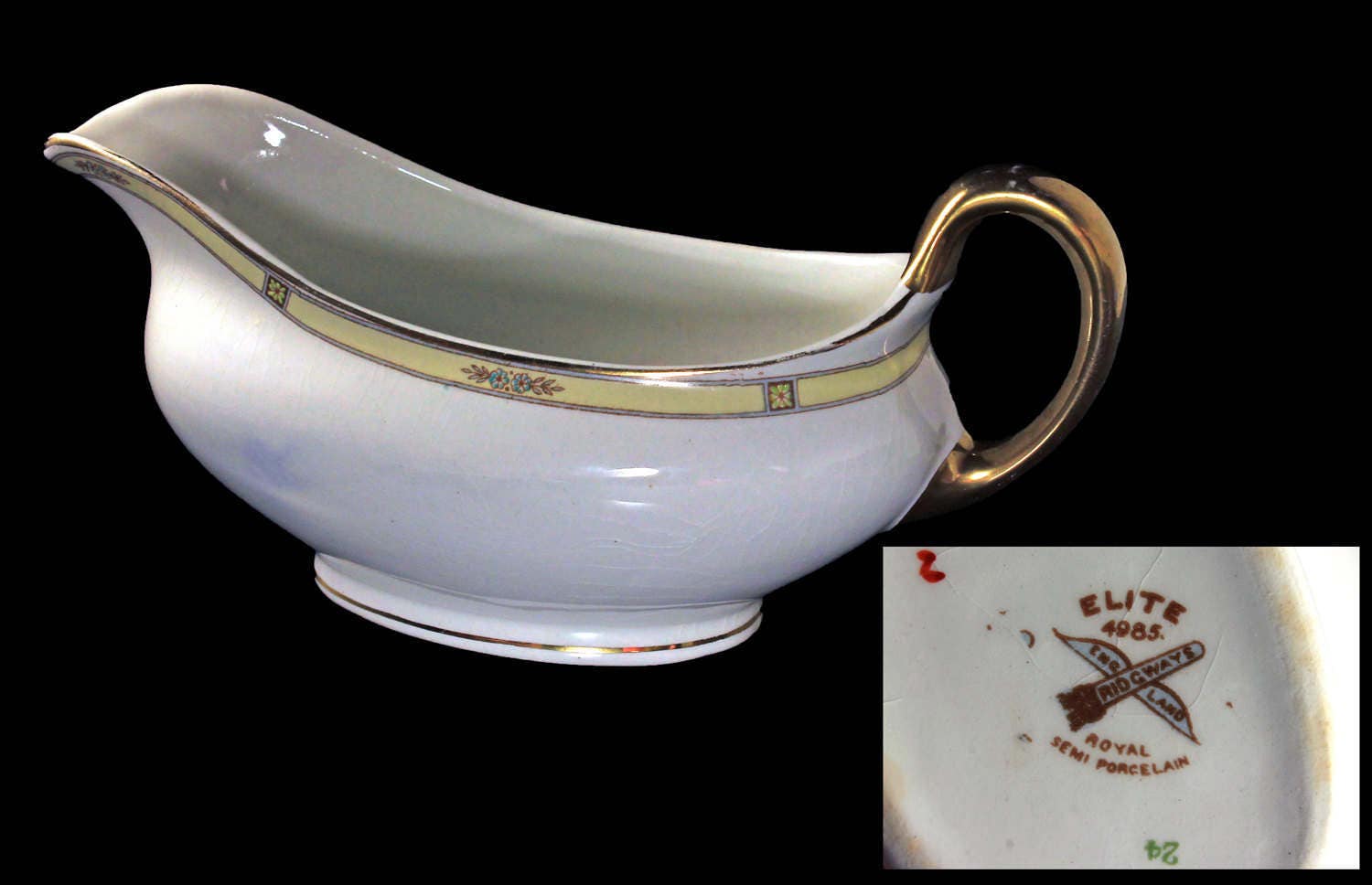 Antique, Gravy Boat, Ridgways England, Blue Flowers, Yellow Band, White