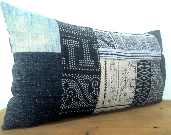 12" x 22" Indigo Vintage Hmong Hand Woven Hemp Batik Pillow Cover, Boho Hill Tribe Batik Lumbar Pillow Cover, Ethnic Textile Decor Pillow