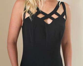 90s Avant Garde Cut Out Black MINIMAL Midi Dress with Side Split and Sweet Heart Neckline LBD