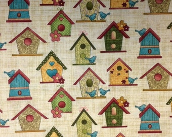 Bernartex GARDEN DAYS (Bird Houses - Natural) - 100% Premium Cotton Fabric for Quilting - sold by 1/2 yard