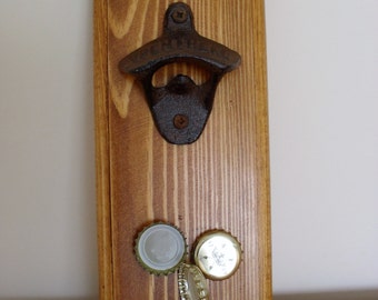 Wall Mounted Bottle Opener with Magnet BEER Bottle Opener Re Claimed Wood Stained & Waxed Gift for DAD BESTMAN Bar Accessory Kitchen Decor