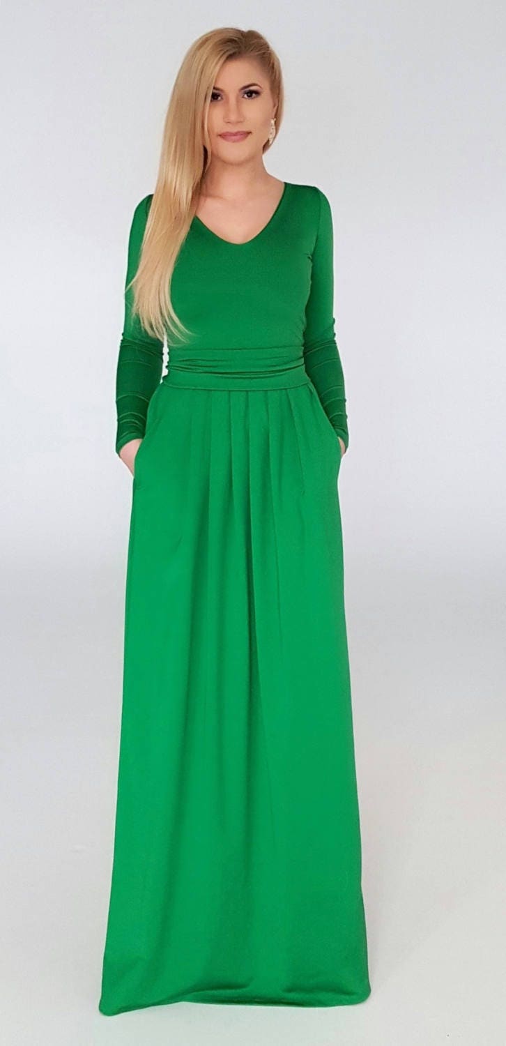 Green Maxi Women's Dress Long Sleeves Pockets