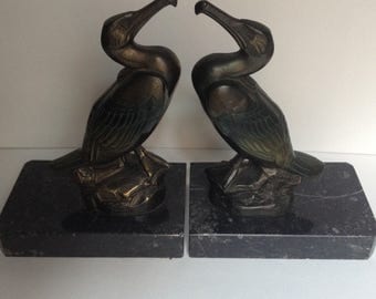 Pair of Signed Bronzed Art Deco Cormorant Bookends