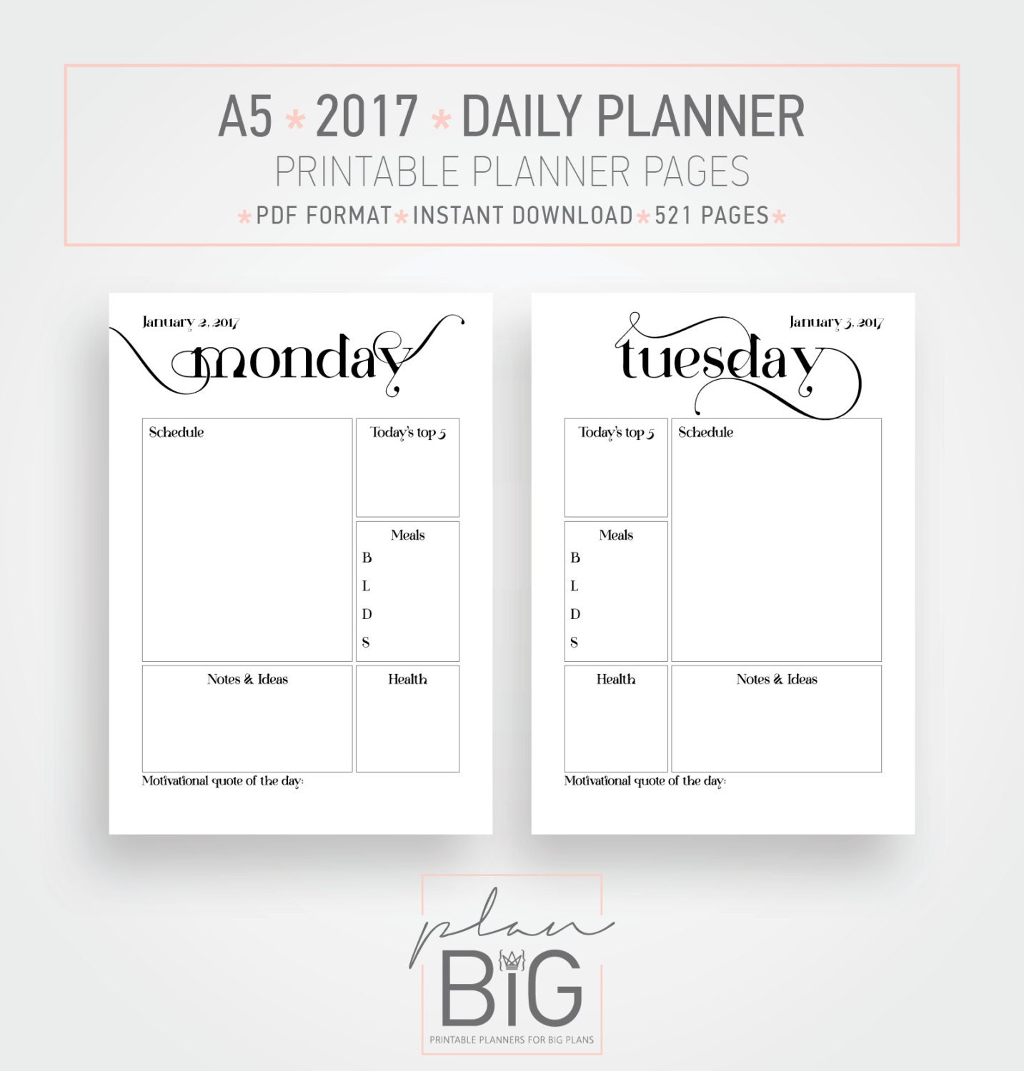 2017 Printable daily planner A5 Daily planner Planner