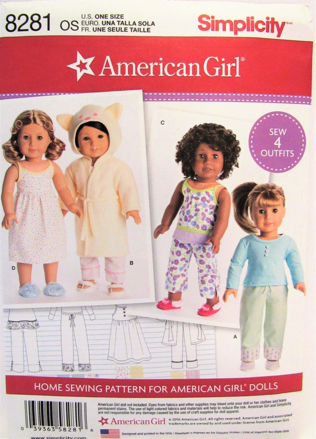 American Girl Doll Clothing Pattern Simplicity 8281 New Uncut