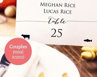 Couples Place Card with Meal Icons, Wedding PDF Template, Custom Personalized Seating Card, Place Setting Card with Meal Options
