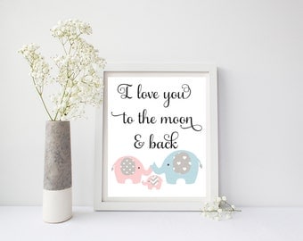 I Love You To The Moon And Back, Elephant Wall Art, Elephant Wall Decor, Elephant Nursery Wall Decor, Elephant Nursery Wall Art, Pink, 001