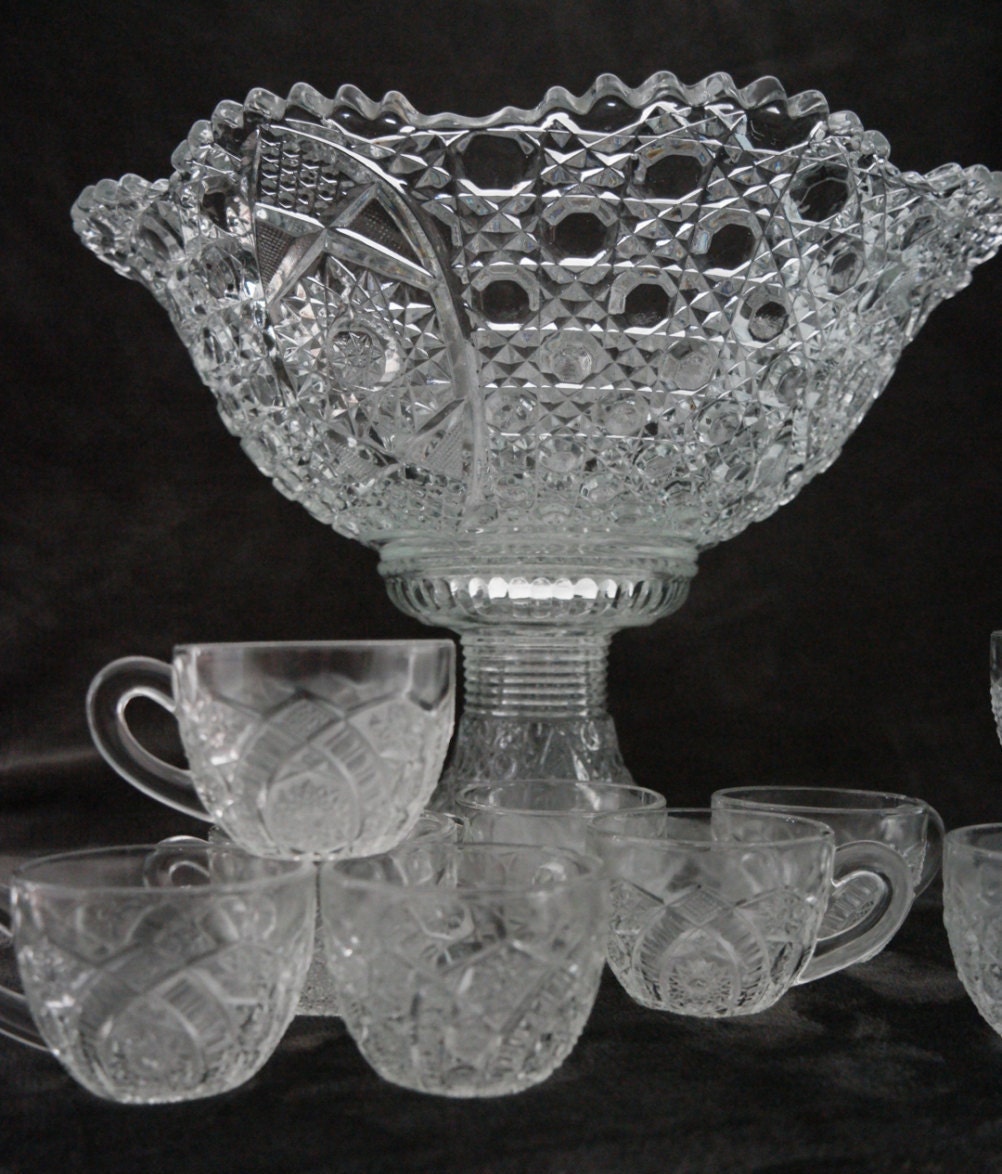 Vintage Punch Bowl With Stand LE Smith Cut Glass Punch Bowl