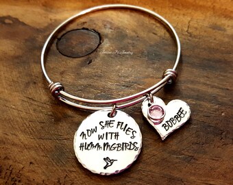 Hand Stamped Jewelry, Now She Flies With Hummingbirds Bangle, Hummingbird Memorial Bracelet, In Memory of Bangle, Sympathy Gift For Her