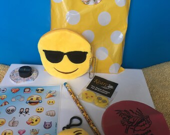 Emoji party bags, emoji party favors, emoji keychains, emoji pencils, emojis, emoji coin purses, kids party favors, emoji stickers, pencils