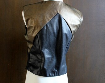 vintage black and gold vegan leather vest / zip up, motorcycle, mod future fashion