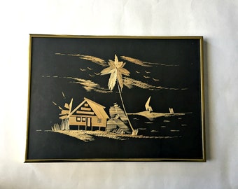Wood Inlay Wall Art. Vintage Framed Island or Beach Scene.