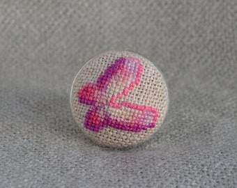 Pink butterfly ring Embroidered Jewelry Pink ring Handmade butterfly Pink jewelry Gift for her Butterfly jewelry Cross stitch ring