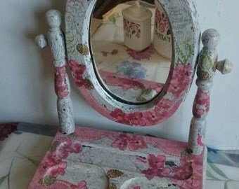 Vintage Pink Floral Dressing Table Make-Up Valet Mirror, Shabby French Painted Furniture, Table Top Mirror