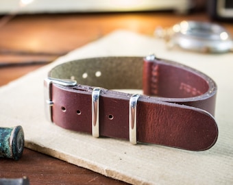 18mm Dark English Red genuie leather nato -style strap, vintage style strap, watch strap, watch band, leather strap
