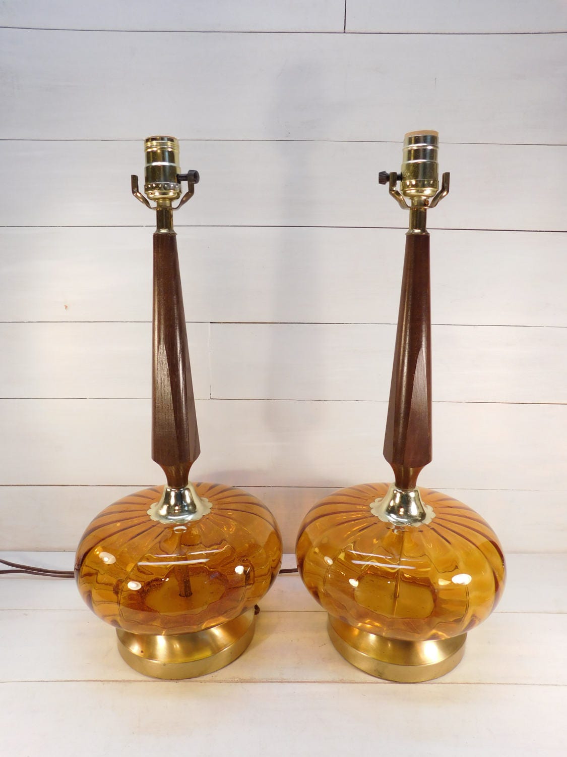 Mid Century Wood Amber Glass Lamps Gold Glass Lamps Mcm