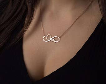 Infinity Name Necklace - Heart pendant Couple Necklace - Gold Infinity Name Necklace - Infinity Necklace - Name Written Infinity Necklace