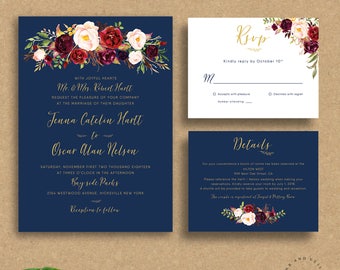 Navy Wedding Invitation, Printable Wedding Invitation Set, Marsala Burgundy Invitations, Bohemian Floral Gold, Fall Winter - Jenna